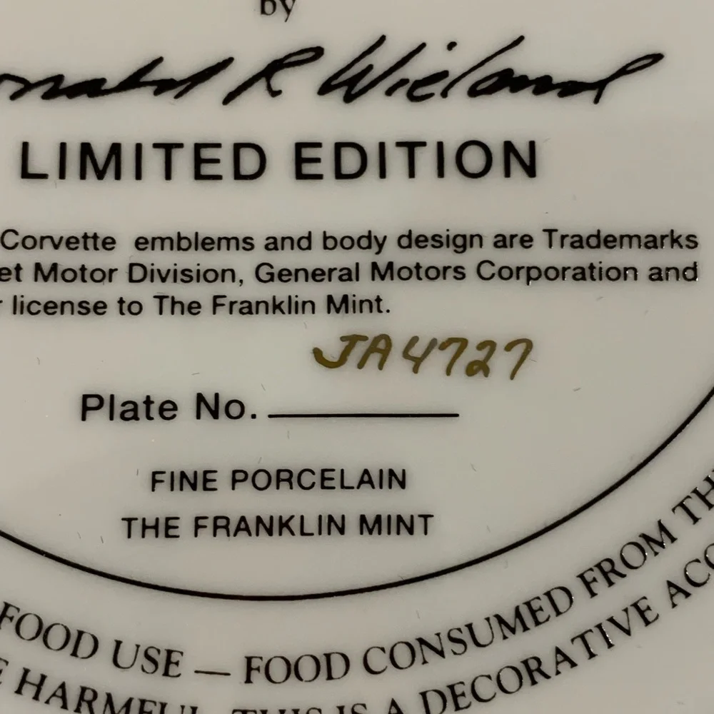 Franklin Mint 1978 Corvette Plate # JA4727